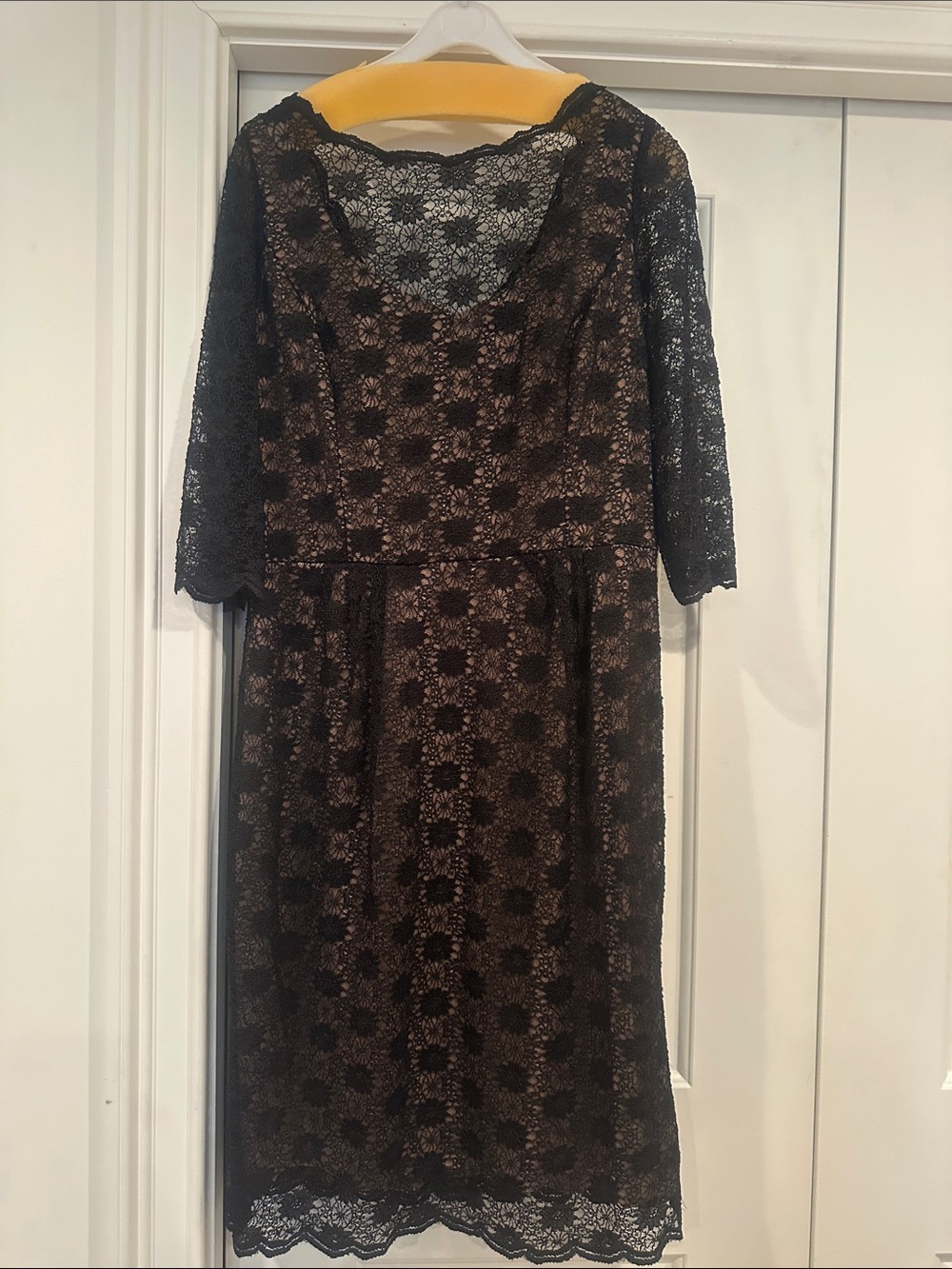 Alex Evenings Black Lace Midi Dress with Bronze Underlay
